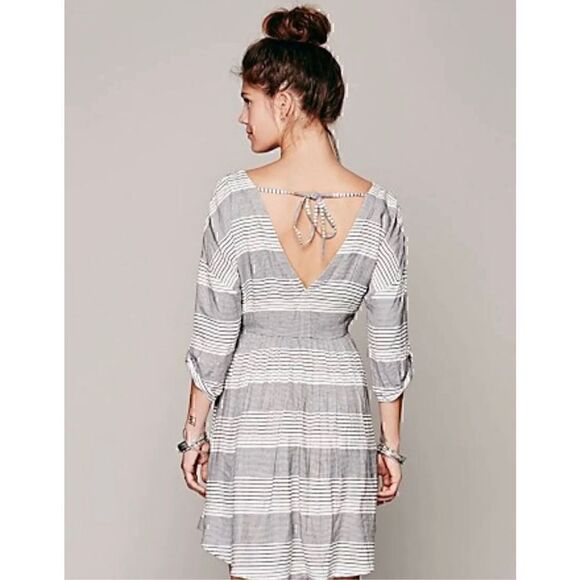 Free People Dress Black White Stripe Mini Tunic Size XS Button Front Rayon - Picture 12 of 13